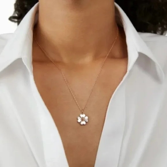 Kate Spade Rose Gold Flower Pendant Necklace Cream Enamel Spade Logo NWT Gift - Picture 3 of 16